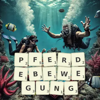 Kreative Illustration für ein Scrabble-Spiel, bei dem das Wort PFERDEBEWEGUNG mit Steinen auf dem Brett gelegt wurde.