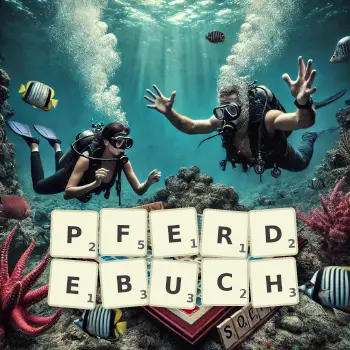 Kreative Illustration für ein Scrabble-Spiel, bei dem das Wort PFERDEBUCH mit Steinen auf dem Brett gelegt wurde.