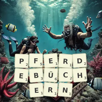 Kreative Illustration für ein Scrabble-Spiel, bei dem das Wort PFERDEBÜCHERN mit Steinen auf dem Brett gelegt wurde.