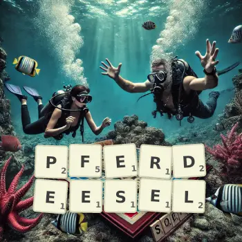 Kreative Illustration für ein Scrabble-Spiel, bei dem das Wort PFERDEESEL mit Steinen auf dem Brett gelegt wurde.
