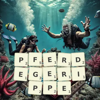Kreative Illustration für ein Scrabble-Spiel, bei dem das Wort PFERDEGERIPPE mit Steinen auf dem Brett gelegt wurde.