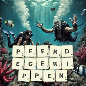 Kreative Illustration für ein Scrabble-Spiel, bei dem das Wort PFERDEGERIPPEN mit Steinen auf dem Brett gelegt wurde.