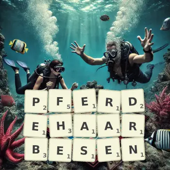 Kreative Illustration für ein Scrabble-Spiel, bei dem das Wort PFERDEHAARBESEN mit Steinen auf dem Brett gelegt wurde.