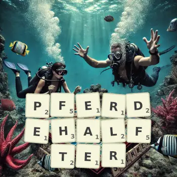 Kreative Illustration für ein Scrabble-Spiel, bei dem das Wort PFERDEHALFTER mit Steinen auf dem Brett gelegt wurde.