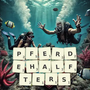 Kreative Illustration für ein Scrabble-Spiel, bei dem das Wort PFERDEHALFTERS mit Steinen auf dem Brett gelegt wurde.