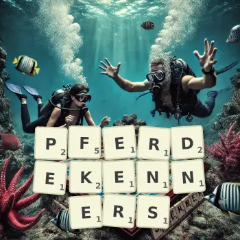 Kreative Illustration für ein Scrabble-Spiel, bei dem das Wort PFERDEKENNERS mit Steinen auf dem Brett gelegt wurde.