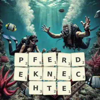 Kreative Illustration für ein Scrabble-Spiel, bei dem das Wort PFERDEKNECHTE mit Steinen auf dem Brett gelegt wurde.
