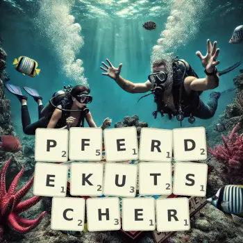Kreative Illustration für ein Scrabble-Spiel, bei dem das Wort PFERDEKUTSCHER mit Steinen auf dem Brett gelegt wurde.