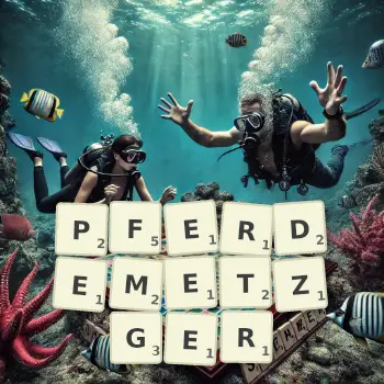 Kreative Illustration für ein Scrabble-Spiel, bei dem das Wort PFERDEMETZGER mit Steinen auf dem Brett gelegt wurde.