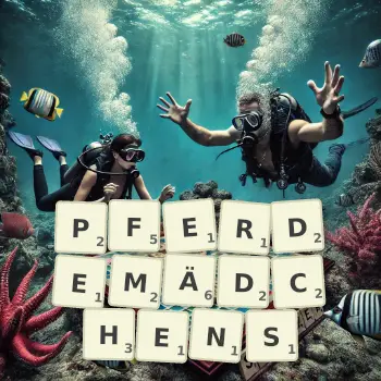 Kreative Illustration für ein Scrabble-Spiel, bei dem das Wort PFERDEMÄDCHENS mit Steinen auf dem Brett gelegt wurde.