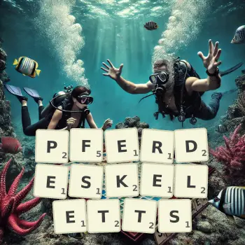 Kreative Illustration für ein Scrabble-Spiel, bei dem das Wort PFERDESKELETTS mit Steinen auf dem Brett gelegt wurde.