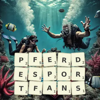 Kreative Illustration für ein Scrabble-Spiel, bei dem das Wort PFERDESPORTFANS mit Steinen auf dem Brett gelegt wurde.