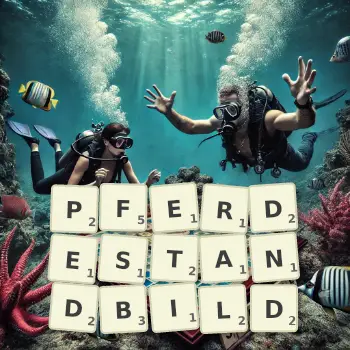 Kreative Illustration für ein Scrabble-Spiel, bei dem das Wort PFERDESTANDBILD mit Steinen auf dem Brett gelegt wurde.