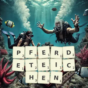 Kreative Illustration für ein Scrabble-Spiel, bei dem das Wort PFERDETEICHEN mit Steinen auf dem Brett gelegt wurde.