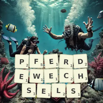 Kreative Illustration für ein Scrabble-Spiel, bei dem das Wort PFERDEWECHSELS mit Steinen auf dem Brett gelegt wurde.