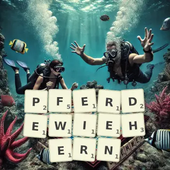 Kreative Illustration für ein Scrabble-Spiel, bei dem das Wort PFERDEWIEHERN mit Steinen auf dem Brett gelegt wurde.