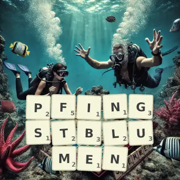 Kreative Illustration für ein Scrabble-Spiel, bei dem das Wort PFINGSTBLUMEN mit Steinen auf dem Brett gelegt wurde.