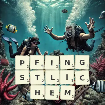 Kreative Illustration für ein Scrabble-Spiel, bei dem das Wort PFINGSTLICHEM mit Steinen auf dem Brett gelegt wurde.