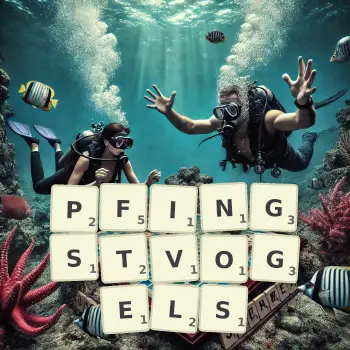 Kreative Illustration für ein Scrabble-Spiel, bei dem das Wort PFINGSTVOGELS mit Steinen auf dem Brett gelegt wurde.