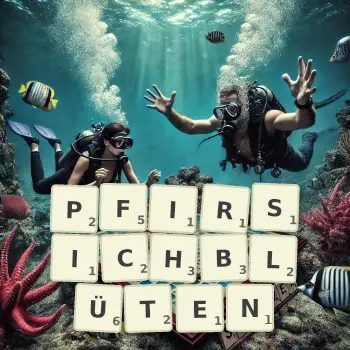 Kreative Illustration für ein Scrabble-Spiel, bei dem das Wort PFIRSICHBLÜTEN mit Steinen auf dem Brett gelegt wurde.