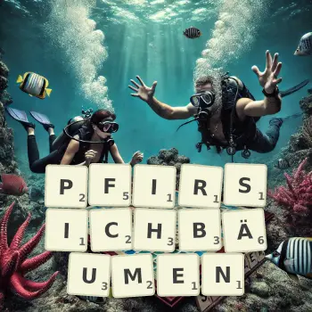 Kreative Illustration für ein Scrabble-Spiel, bei dem das Wort PFIRSICHBÄUMEN mit Steinen auf dem Brett gelegt wurde.