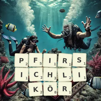 Kreative Illustration für ein Scrabble-Spiel, bei dem das Wort PFIRSICHLIKÖR mit Steinen auf dem Brett gelegt wurde.