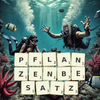 Kreative Illustration für ein Scrabble-Spiel, bei dem das Wort PFLANZENBESATZ mit Steinen auf dem Brett gelegt wurde.