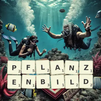 Kreative Illustration für ein Scrabble-Spiel, bei dem das Wort PFLANZENBILD mit Steinen auf dem Brett gelegt wurde.