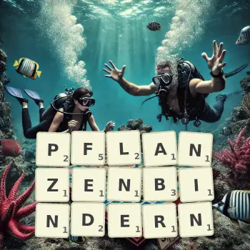Kreative Illustration für ein Scrabble-Spiel, bei dem das Wort PFLANZENBINDERN mit Steinen auf dem Brett gelegt wurde.