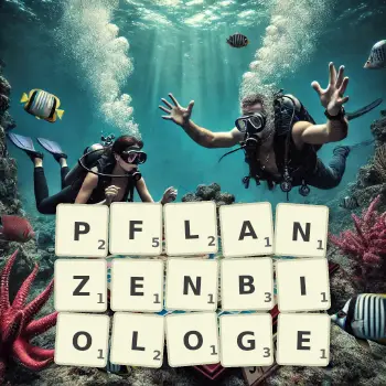Kreative Illustration für ein Scrabble-Spiel, bei dem das Wort PFLANZENBIOLOGE mit Steinen auf dem Brett gelegt wurde.