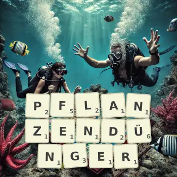 Kreative Illustration für ein Scrabble-Spiel, bei dem das Wort PFLANZENDÜNGER mit Steinen auf dem Brett gelegt wurde.