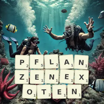 Kreative Illustration für ein Scrabble-Spiel, bei dem das Wort PFLANZENEXOTEN mit Steinen auf dem Brett gelegt wurde.