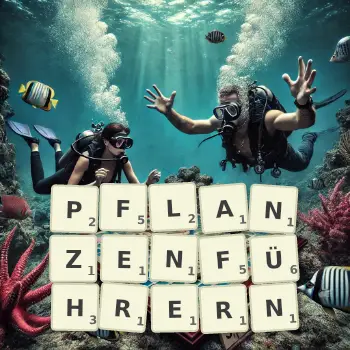 Kreative Illustration für ein Scrabble-Spiel, bei dem das Wort PFLANZENFÜHRERN mit Steinen auf dem Brett gelegt wurde.