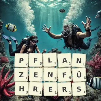 Kreative Illustration für ein Scrabble-Spiel, bei dem das Wort PFLANZENFÜHRERS mit Steinen auf dem Brett gelegt wurde.