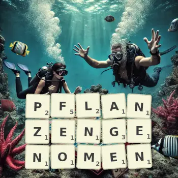 Kreative Illustration für ein Scrabble-Spiel, bei dem das Wort PFLANZENGENOMEN mit Steinen auf dem Brett gelegt wurde.