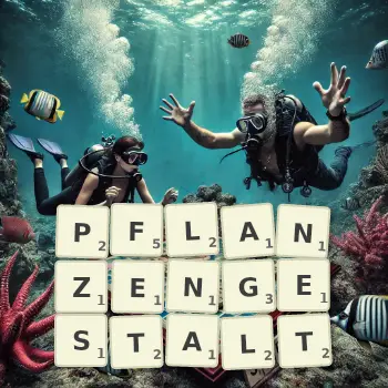 Kreative Illustration für ein Scrabble-Spiel, bei dem das Wort PFLANZENGESTALT mit Steinen auf dem Brett gelegt wurde.