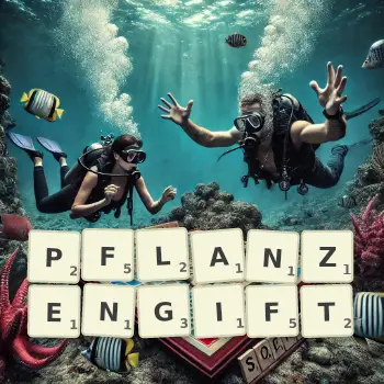 Kreative Illustration für ein Scrabble-Spiel, bei dem das Wort PFLANZENGIFT mit Steinen auf dem Brett gelegt wurde.