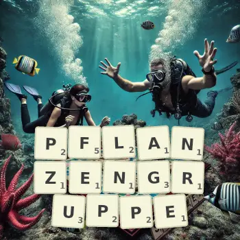 Kreative Illustration für ein Scrabble-Spiel, bei dem das Wort PFLANZENGRUPPE mit Steinen auf dem Brett gelegt wurde.