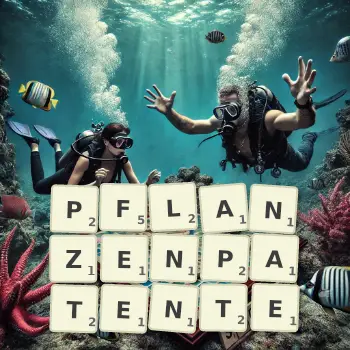 Kreative Illustration für ein Scrabble-Spiel, bei dem das Wort PFLANZENPATENTE mit Steinen auf dem Brett gelegt wurde.