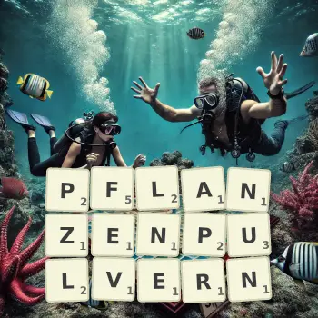 Kreative Illustration für ein Scrabble-Spiel, bei dem das Wort PFLANZENPULVERN mit Steinen auf dem Brett gelegt wurde.