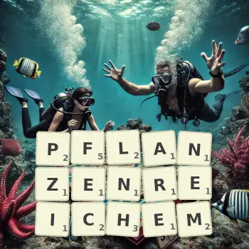 Kreative Illustration für ein Scrabble-Spiel, bei dem das Wort PFLANZENREICHEM mit Steinen auf dem Brett gelegt wurde.