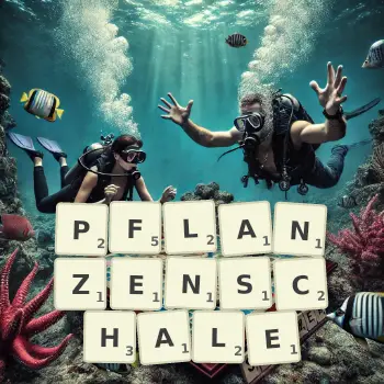 Kreative Illustration für ein Scrabble-Spiel, bei dem das Wort PFLANZENSCHALE mit Steinen auf dem Brett gelegt wurde.