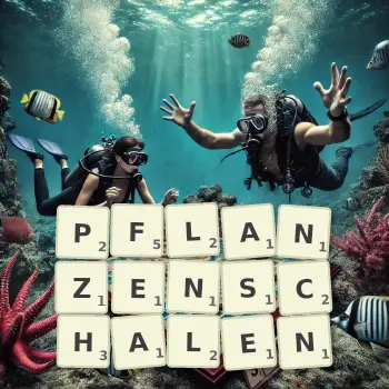 Kreative Illustration für ein Scrabble-Spiel, bei dem das Wort PFLANZENSCHALEN mit Steinen auf dem Brett gelegt wurde.