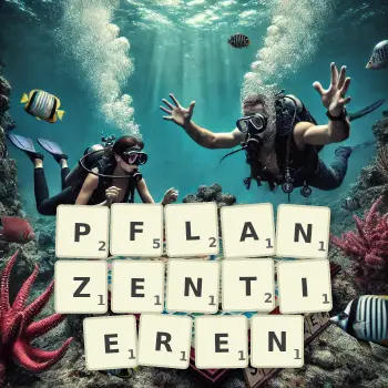 Kreative Illustration für ein Scrabble-Spiel, bei dem das Wort PFLANZENTIEREN mit Steinen auf dem Brett gelegt wurde.
