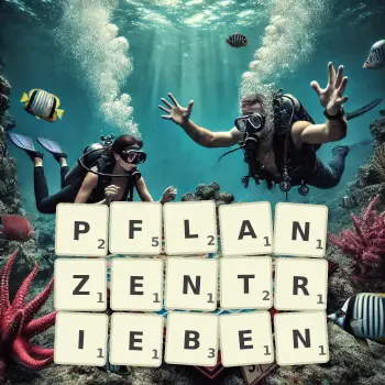 Kreative Illustration für ein Scrabble-Spiel, bei dem das Wort PFLANZENTRIEBEN mit Steinen auf dem Brett gelegt wurde.