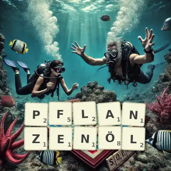 Kreative Illustration für ein Scrabble-Spiel, bei dem das Wort PFLANZENÖL mit Steinen auf dem Brett gelegt wurde.