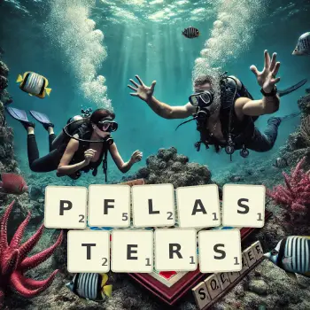 Kreative Illustration für ein Scrabble-Spiel, bei dem das Wort PFLASTERS mit Steinen auf dem Brett gelegt wurde.