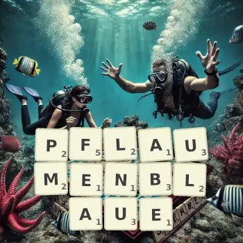 Kreative Illustration für ein Scrabble-Spiel, bei dem das Wort PFLAUMENBLAUE mit Steinen auf dem Brett gelegt wurde.