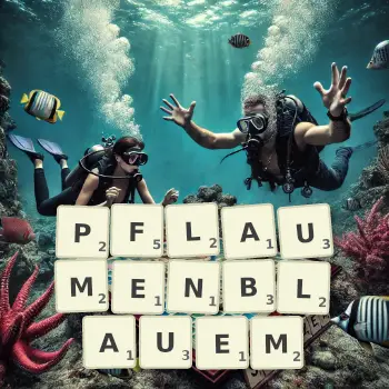 Kreative Illustration für ein Scrabble-Spiel, bei dem das Wort PFLAUMENBLAUEM mit Steinen auf dem Brett gelegt wurde.