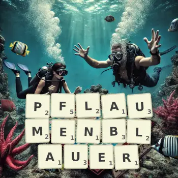 Kreative Illustration für ein Scrabble-Spiel, bei dem das Wort PFLAUMENBLAUER mit Steinen auf dem Brett gelegt wurde.